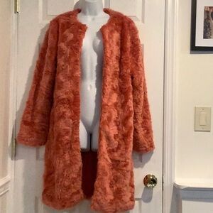 JUSTFABULOUS Women’s Orange/Coral Faux Fur Glam Party Fuzzy Maximalist Coat M